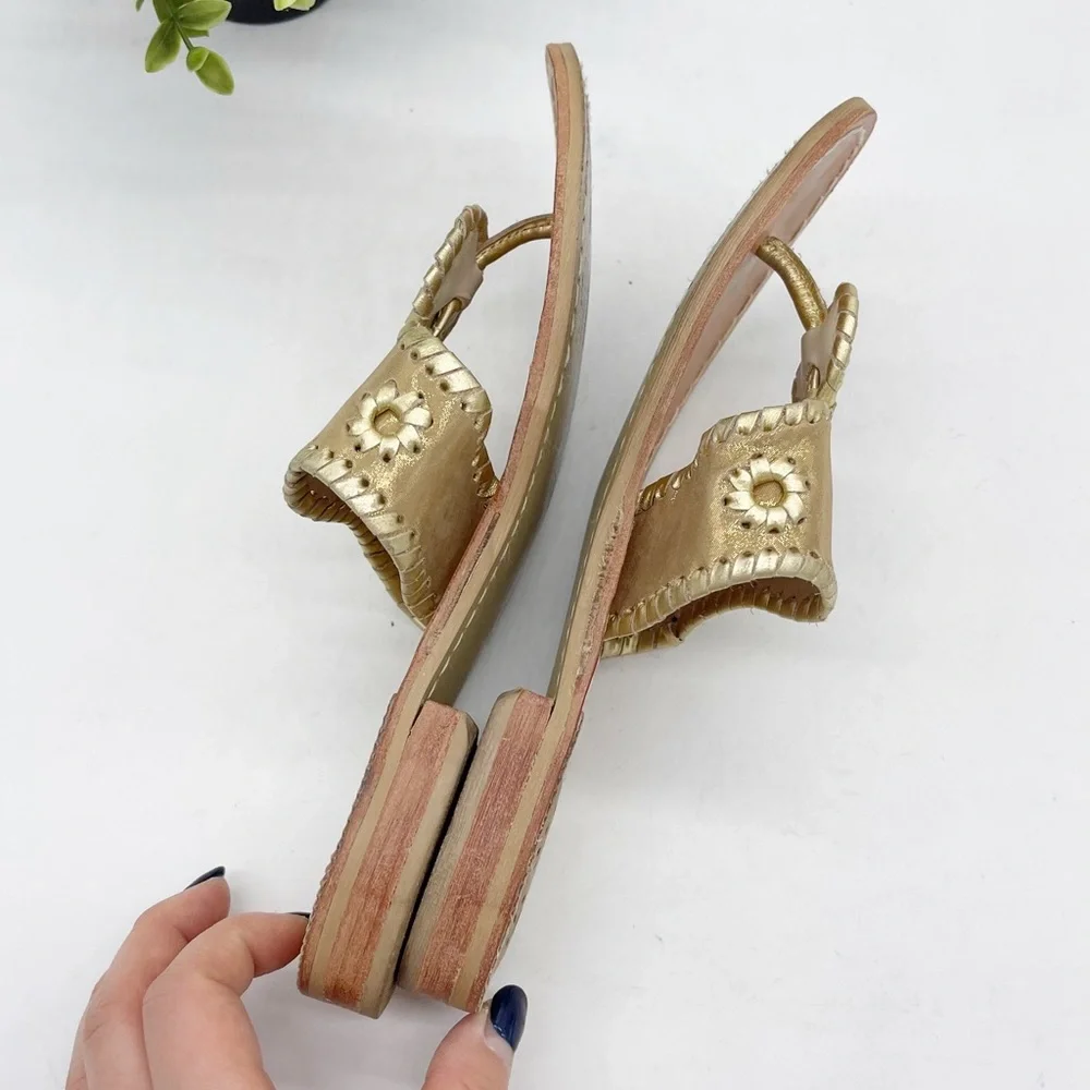 JACK ROGERS Jacks Flat Gold Leather Whipstitch Thong Sandals - Picture 8 of 11